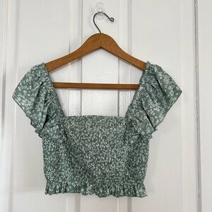 SHEIN Sage Green Floral Smocked Ruffle Crop Top